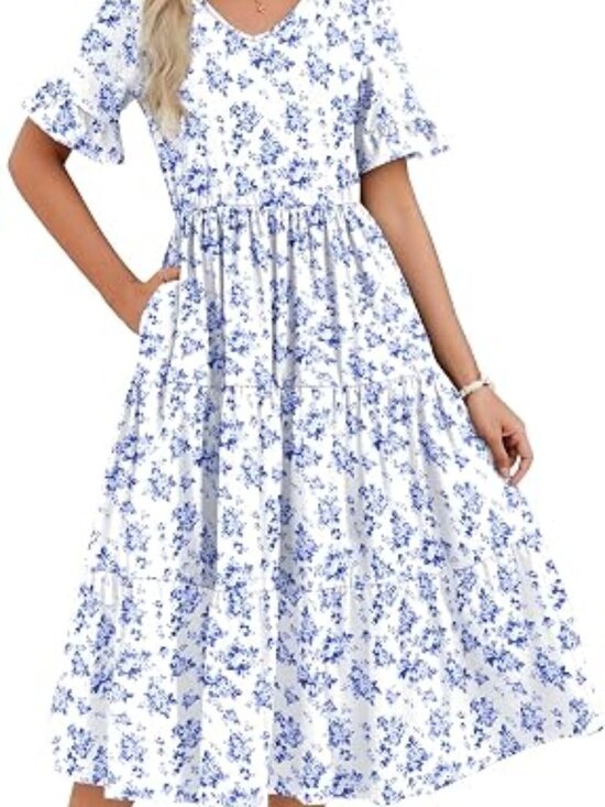 branded Dresses & Skirts - Women's Summer Dresses Midi Tiered Casual Dress Floral V Neck Ruffle Short Sleev